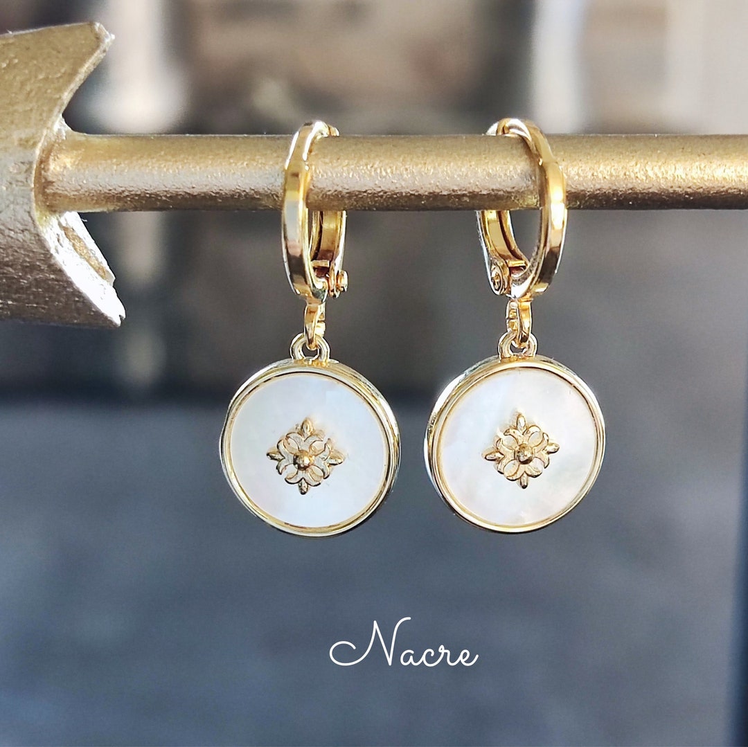 Boucles D'oreilles Créoles En Plaqué Or 18K Avec Strass Et Nacre - Tres.Or - Neuf Avec étiquettes