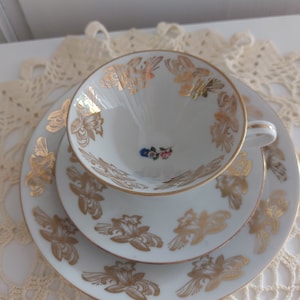 May include: A white teacup and saucer set with gold floral designs. The cup has a small floral design in the center. The saucer has a larger floral design around the edge.