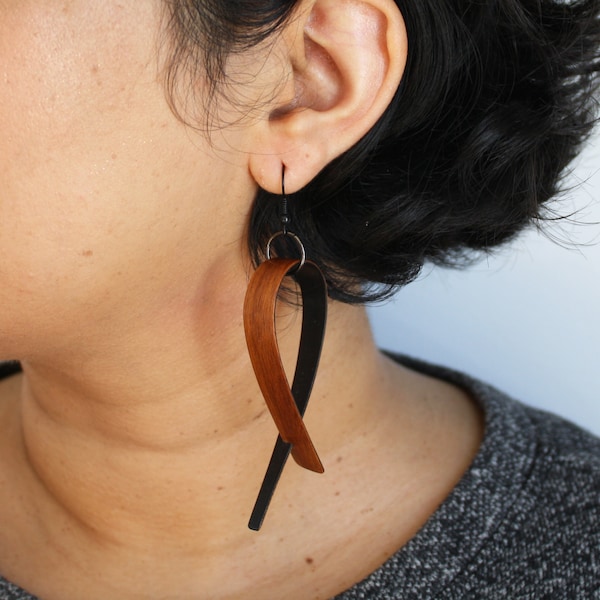 Ribbon Wood Earrings | Handmade Wood Earrings | Minimal Earrings | Bentwood Earrings | Unique Earrings | Rosewood & Dyed Poplar Wood Veneer