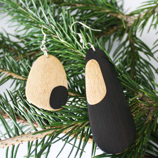 Asymmetrical Wood Earrings | Handmade Wood Earrings | Minimal Earrings | Bentwood Earrings | Ebony & Birch Wood Veneer | Black and White