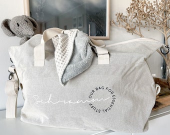 Travel bag with name / hospital bag with child's name / gift for birth / beige