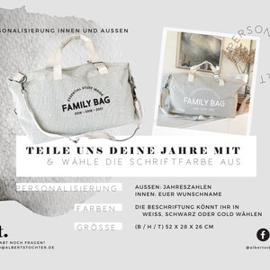 May include: A light gray canvas Family Bag with a white shoulder strap and handles. The bag has the text "ESSENTIAL STUFF INSIDE FAMILY BAG 2016-2018-2021". The bag measures 20.5 x 11 x 10 inches.