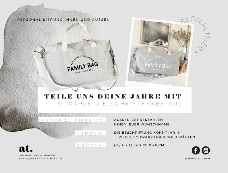 May include: A light gray canvas Family Bag with a white shoulder strap and handles. The bag has the text "ESSENTIAL STUFF INSIDE FAMILY BAG 2016-2018-2021". The bag measures 20.5 x 11 x 10 inches.