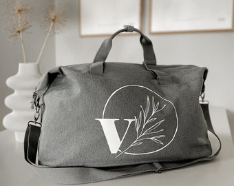 Personalized grey travel bag / weekender with letter / baby shower gift / family bag