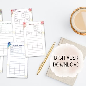 Puede incluir: Cinco rastreadores de fondos de emergencia imprimibles con diseños florales. Cada rastreador tiene columnas para la fecha, el artículo, la cantidad y el total. Los rastreadores están sobre una superficie blanca con una taza de café, un cuaderno y clips de papel dorados.