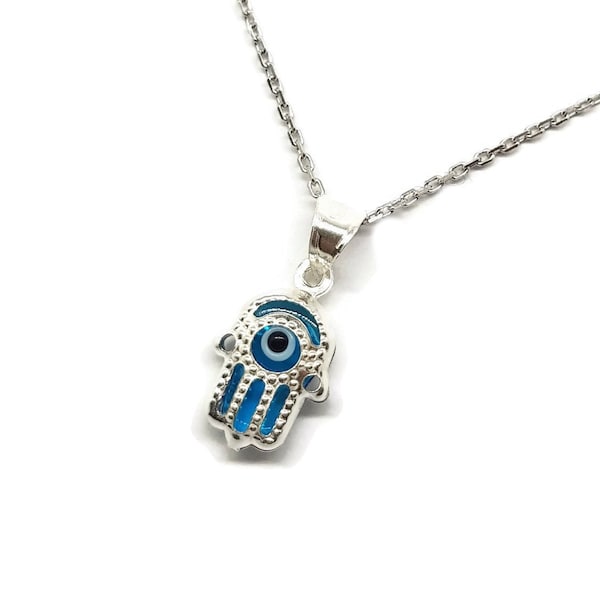 Glass Evil Eye and 925 Sterling Silver Necklace - Fatima Hand - Hamsa - for Men and Women - Jewish Hamsa Necklace with Turkish Evil Eye