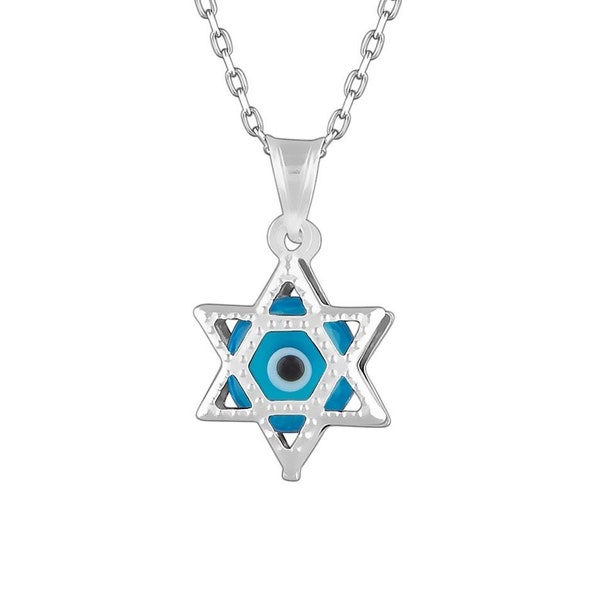 MYSTIC JEWELS By Dalia - Sterling Silver  Minimalistic Tiny Star of David (Magen David) Necklace with Glass Blue Evil Eye in the Middle