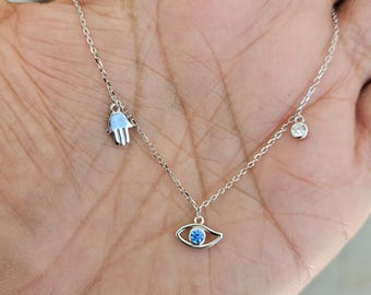Sterling Silver Hamsa Evil Eye Necklace with Cubic Zirconia – Adjustable Chain