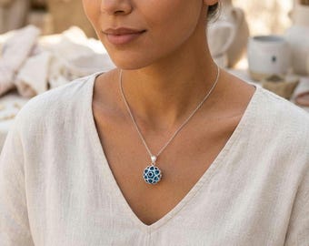 Evil Eye Glass Sterling Silver Necklace – Turkish Filigree Round Pendant