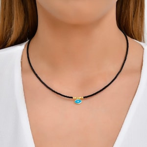 925 Sterling Silver Turqouise Enamel Evil eye on Black Beaded Necklace, protection necklace, good luck necklace, unique gift