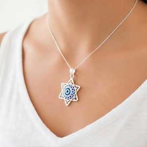 Collar con estrella de David de filigrana de plata de ley con ojo turco azul de cristal – Cadena ajustable