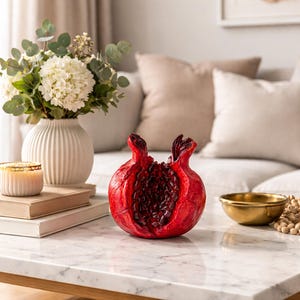 Handmade Ceramic Pomegranate Sculpture - Open Red Pomegranate Decor, Realistic Fruit Statue, Modern Home Decor, Unique Kitchen Centerpiece