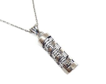 Sterling Silver Mezuzah Pendant Necklace, Shema Israel Scroll, Jewish Gift