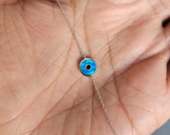 Pulsera turca con ojo de ópalo sintético – Plata de ley rodiada, diseño de ojo redondo (16+3 cm)