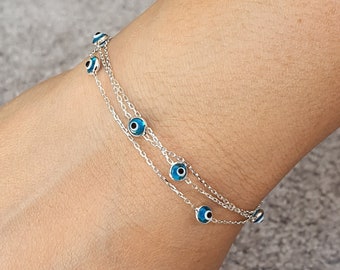 7.5 inches Silver Evil Eye Bracelet on Triple Chain with Small Eyes - Good Luck Bracelet