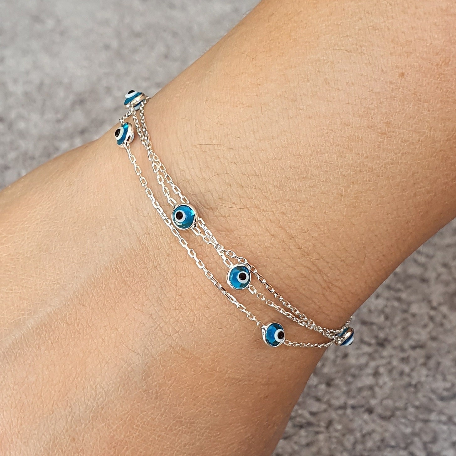 7.5 inches Silver Evil Eye Bracelet on Triple Chain with Small Eyes - Good Luck Bracelet