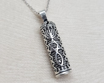 Sterling Silver Mezuzah Pendant Necklace, Messianic Seal Symbols (Star David, Menorah, Fish)