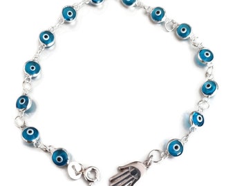 Sterling Silver Evil Eye Bracelet with a tiny hamsa dangling- 19 cm