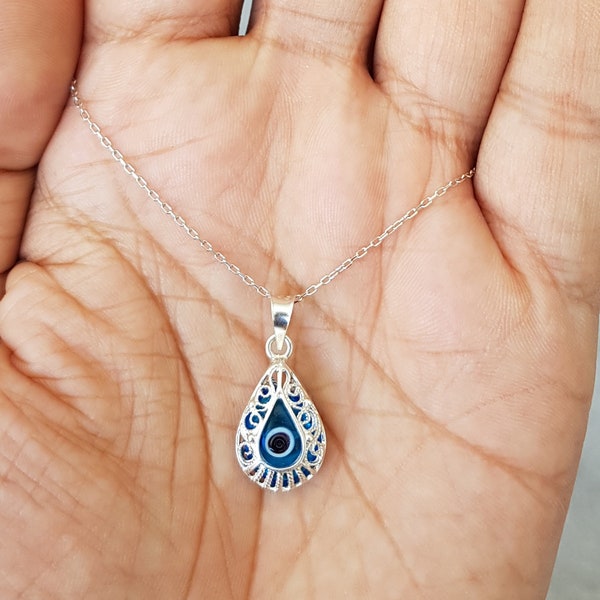 Glass Evil Eye and 925 Sterling Silver Necklace - Turkish Eye Filigree in Drop Shape