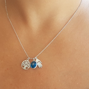 MYSTIC JEWELS By Dalia– 925 Sterling Silver Necklace – Three Symbols, Hand of Fatima and Tree of Life and Good Luck Eye