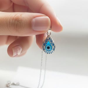 Glass Evil Eye and 925 Sterling Silver Necklace - Turkish Eye Filigree, Teardrop