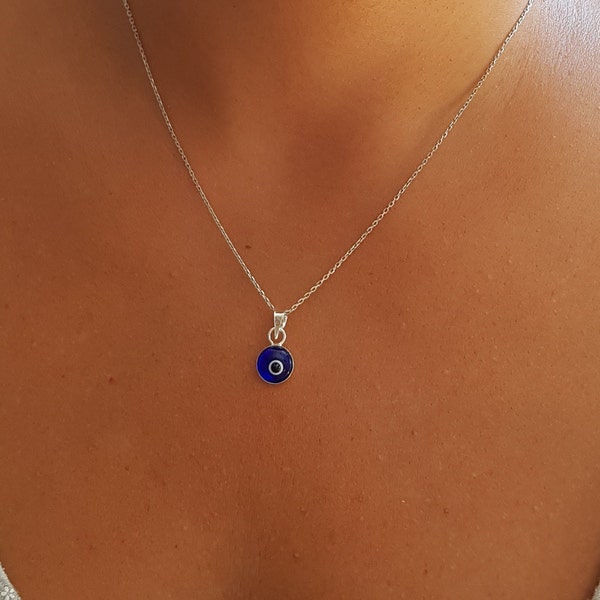 Blue Glass Evil Eye Necklace for Good Luck – 925 Sterling Silver – Chain 40 to 45 cm Length, for Protection for Evil Eye