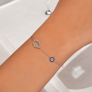Uloveido Bracciale in acciaio inossidabile con ciondolo a forma di mano di Fatima e occhio di Fatima, con occhio blu, regolabile, amuleto, da donna, Medio, 100%, Zirconia cubica