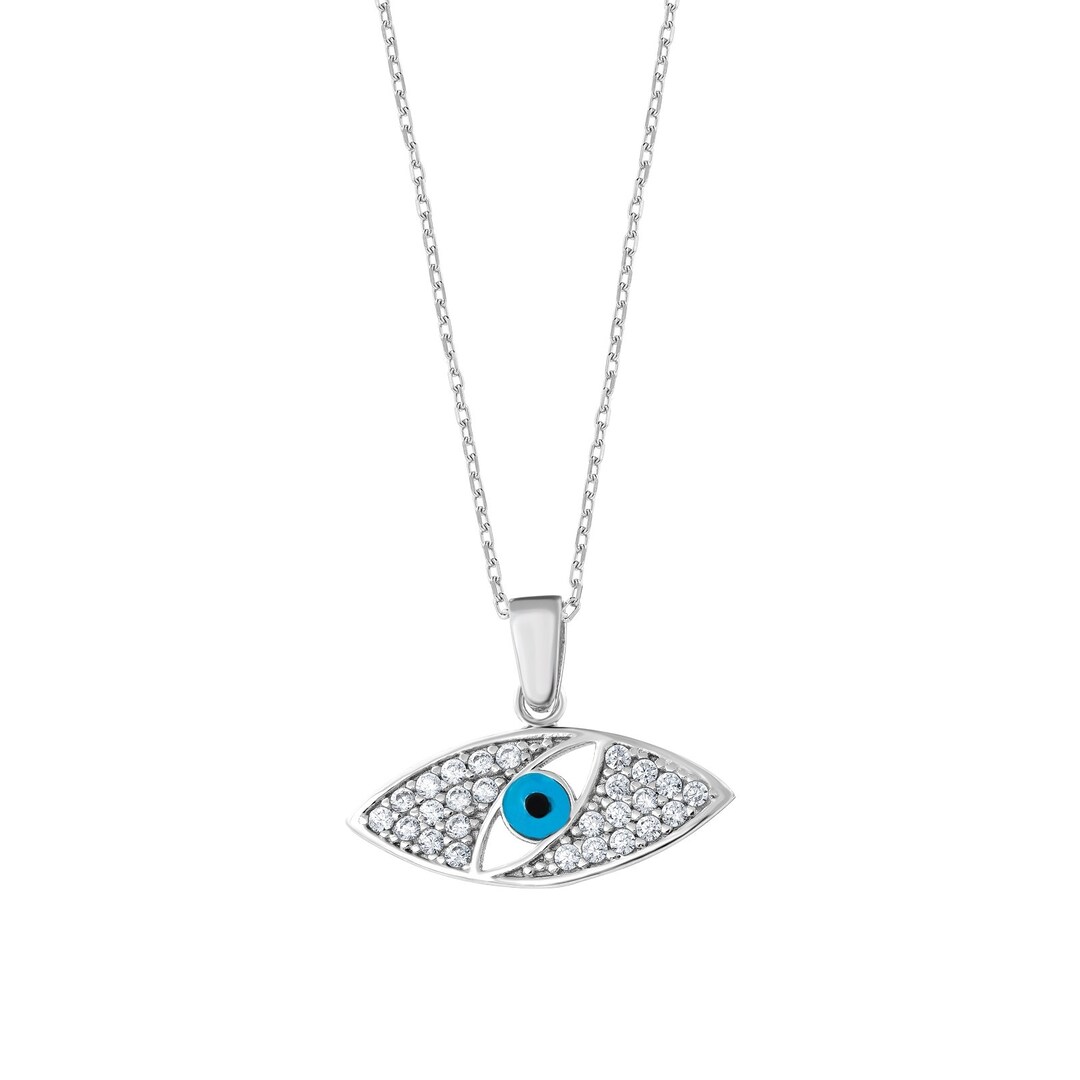 Sterling Silver Evil Eye Protector, Turkish Eye Pendant Necklace With