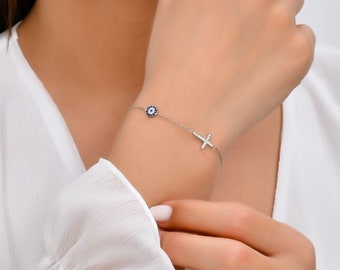 925 Sterling Silver Cubic Zirconia Cross and Cubic Zirconia Evil Eye Bracelet