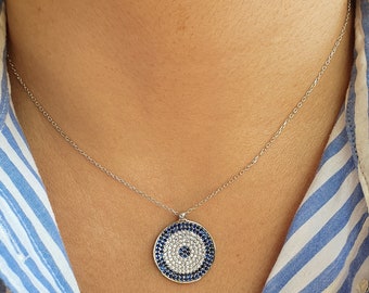 MYSTIC JEWELS Par Dalia Turkish Eye Round Blue 925 Sterling Silver Cubic Zirconia Pendentif Collier