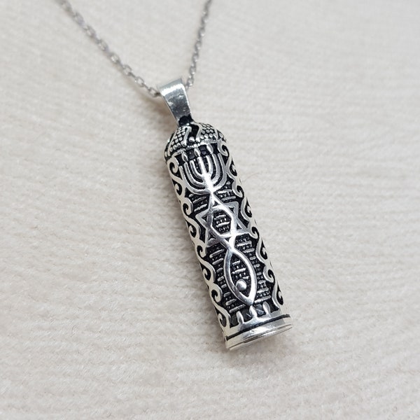 Sterling Silver Mezuzah Pendant Necklace, Messanic Seal: the three symbols The Star of David, Menorah and fish.