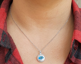 Sterling Silber Blau Glas Evil Eye Halskette - Runder Türkisches Auge Anhänger, Minimalistisch