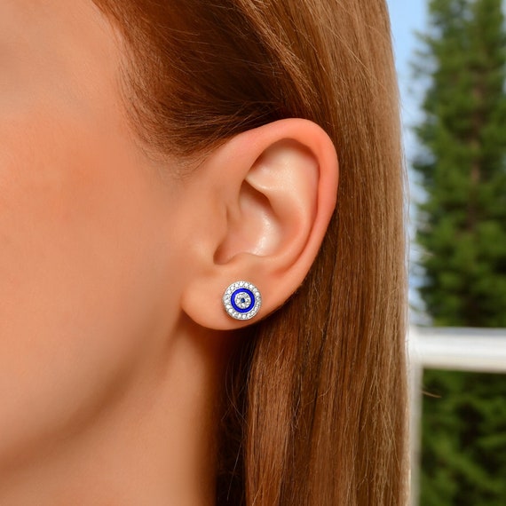 Evil Eye Nazar Boncuk Blue Cubic Zirconia Post Stud Earrings Sterling Silver Evil Eye Nazar Boncuk Blue Cubic Zirconia Post Stud Earrings Sterling Silver