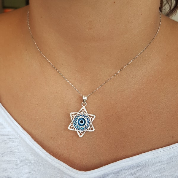 MYSTIC JEWELS By Dalia - Sterling Silver Filigree Star of David (Magen David) Necklace with Blue Evil Eye