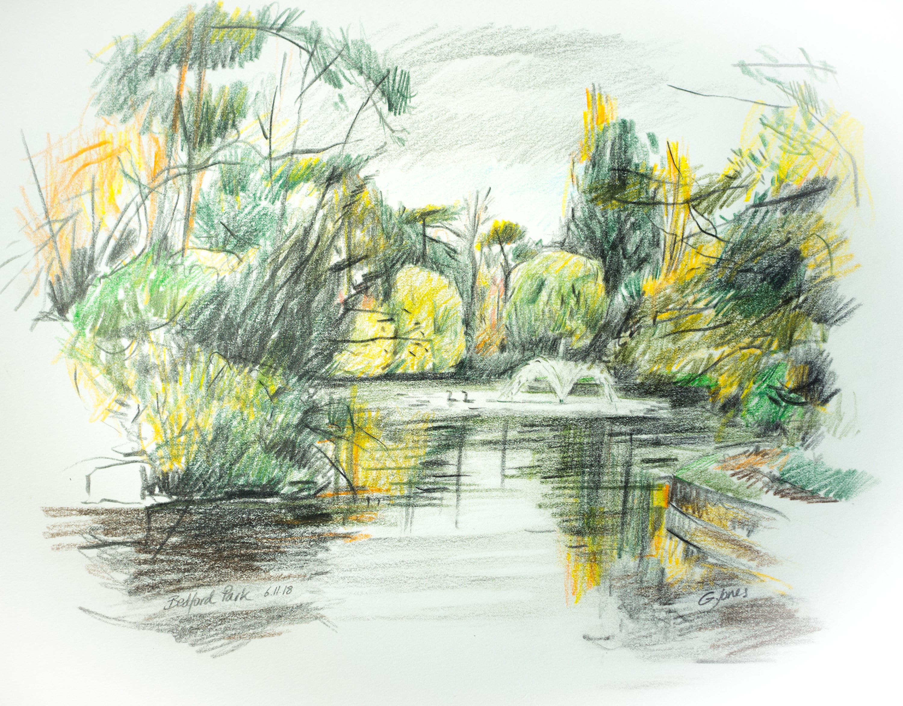 Original Landscape Coloured Pencil Drawing of Bedford Park