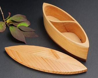 Leaf Design Keepsake Box handmade from douglas fir & beech with two compartments for small jewelry items, mementos or gifts.