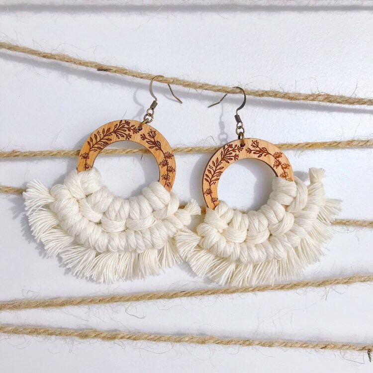 Macrame Earrings Wildflowers Wood Earrings Boho Hoops | Etsy