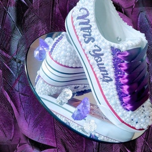 Custom Bridal Pearl White Wedding Sneakers, White Canvas Sneakers, Bling Bling, Rhinestones, Personalized Name