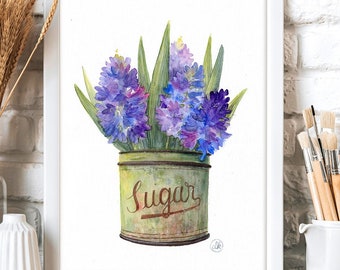 Hyacinths in old sugar bowl, original watercolor artwork, wall art with floral motif, vintage, retro