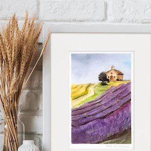 Lavender Field with Small Chapel Original Watercolor Landscape Artwork Wall Art image 1