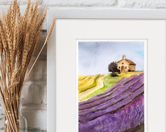 Lavender Field with Small Chapel Original Watercolor Landscape Artwork Wall Art