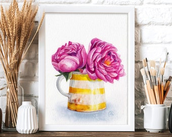 Pink peonies in a striped vase, original watercolor artwork, floral wall art, vintage, retro