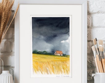 Field Grain Field with House Original Watercolor Landscape Artwork Wall Art