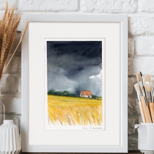 Feld Getreidefeld mit Haus Original Aquarell Landschaft Kunstwerk Wandkunst