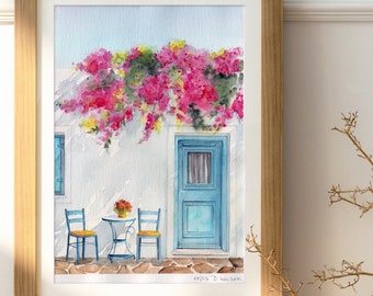 Landscape Greece 2 with Wall and Flowers, Original Watercolor Artwork, Wall Art with Landscape Greece