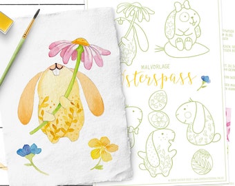 Digital Download WATERCOLOR Coloring Page Easter Fun, Easter Bunny and Easter Eggs, Spring Flower, Watercolor, Flowers, Coloring Page, Coloring, Coloring