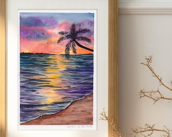 Sea with Sunset and Palm Tree Original Watercolor Artwork Wall Art Ocean