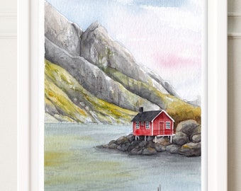 Red house with mountains and lake, original watercolor artwork, wall art with landscape nordic