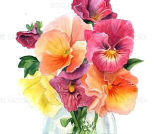 Bouquet of flowers in retro glass vase, pansies, original watercolor artwork, wall art with floral motif, vintage