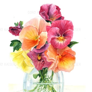 Strauss Blumen in Retro Glas Vase, Stiefmütterchen, Original Aquarell Kunstwerk, Wandkunst mit floralem Motiv, Vintage Bild 1